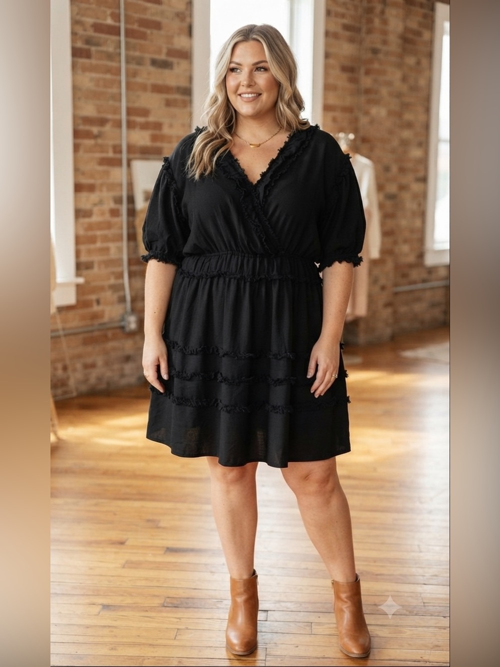 Girl Soul Black V-Neck Ruffle Dress Size 3X Boho Chic Frayed Detail Viscose